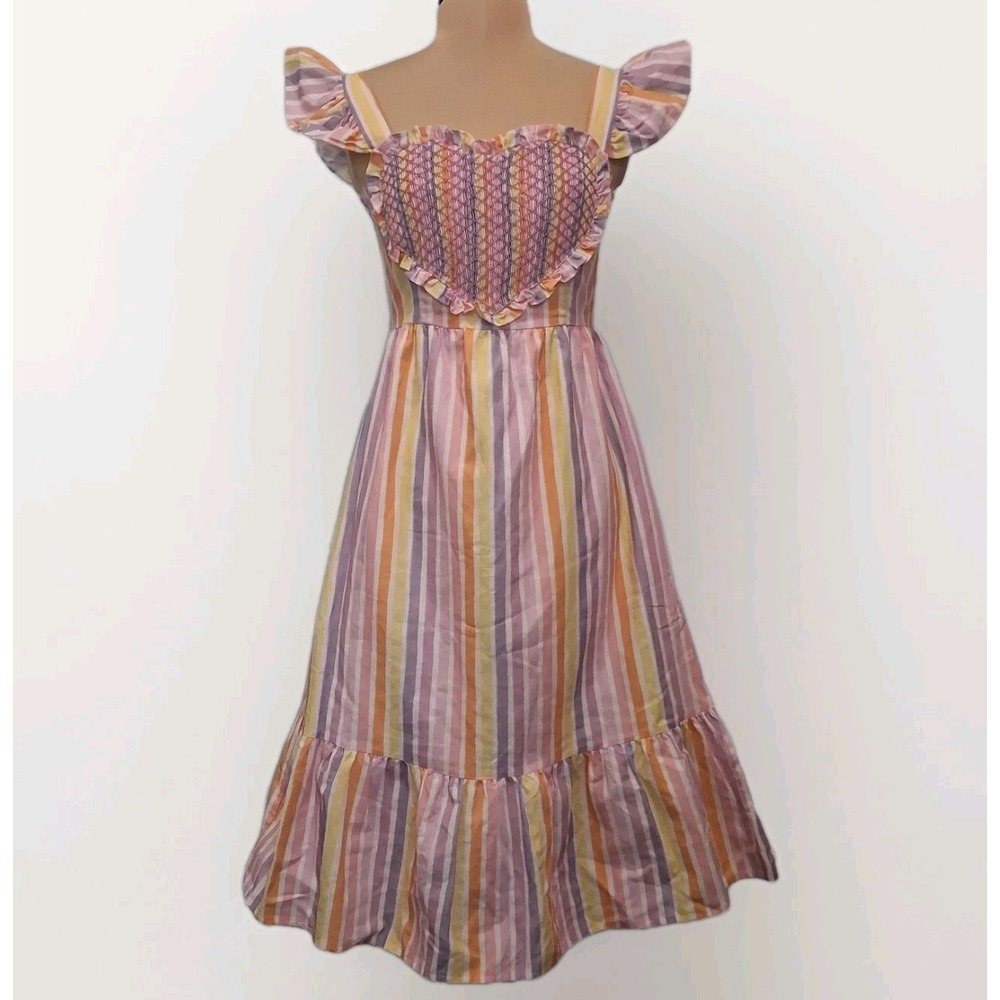 Dondolo Womens Dress Linen Cotton Blend Heart Ruffle Striped Corset Back‎  XXS